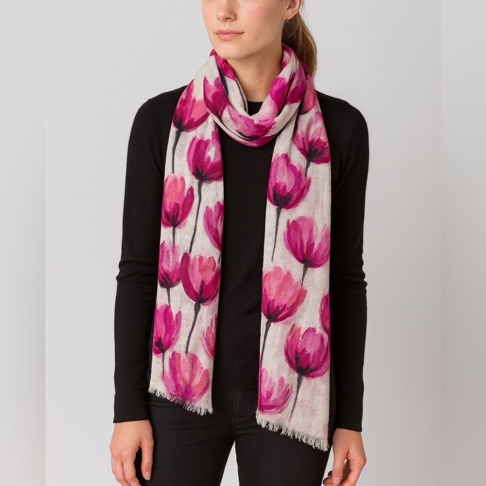 Talbots 100% Silk Floral Scarf Pink White Watercolor Print Lightweight Wrap